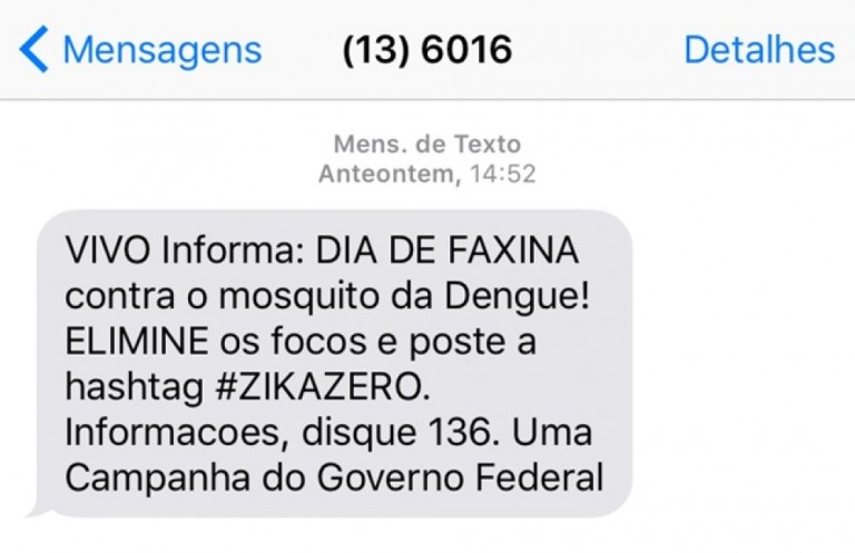 Governo envia SMS com incentivo de combate ao Aedes aegypti
