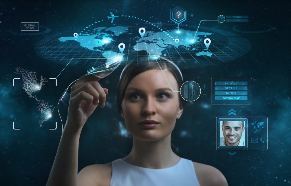 Businesswoman works with huge touch screen