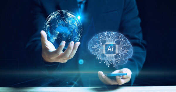Imagem representando a integração de inteligência artificial com o mundo. Uma pessoa segura uma representação digital do globo terrestre em uma mão e, na outra, um cérebro estilizado com o símbolo 'AI' no centro, simbolizando tecnologia avançada e conexão globalHomem em traje formal segurando uma representação digital do globo terrestre em uma mão e um símbolo de cérebro com um chip de inteligência artificial (AI) na outra. A imagem destaca a integração entre tecnologia avançada e gestão global, com circuitos e luzes azuis que simbolizam inovação, conectividade e o impacto da inteligência artificial no mundo (IA, Inteligência Artificial, IA, gigantes, generativa, regulação, empresa, startups, gestão, OpenAI Anthropic, código aberto, setor financeiro, open, valor, estudo, ia generativa, ceos, Accenture, bancos, brasil, aplicações, alucina, produtividade)