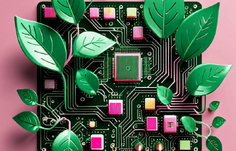 Uma placa de circuito coberta de folhas verdes, misturando natureza, tecnologia e sustentabilidade.