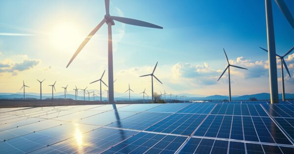 Paisagem de geração de energia renovável, combinando turbinas eólicas e painéis solares sob um céu azul com sol radiante. As turbinas eólicas estão espalhadas por uma área ampla, enquanto os painéis solares refletem a luz do sol, representando fontes de energia sustentável (energia renovável, energia sustentável, energia eólica, energia solar, programa transição energética)