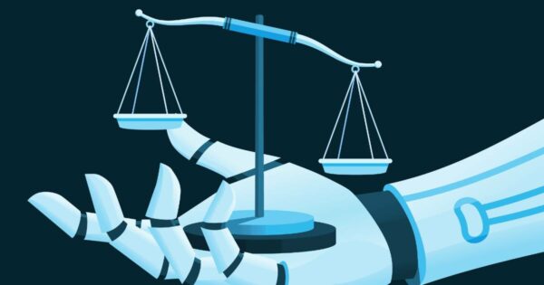 Ilustração de uma mão robótica segurando uma balança de justiça, simbolizando a relação entre tecnologia e regulamentação. O fundo em tons escuros destaca o contraste com os elementos tecnológicos e jurídicos representados, ambiente regulatório, EUA, Reino Unido