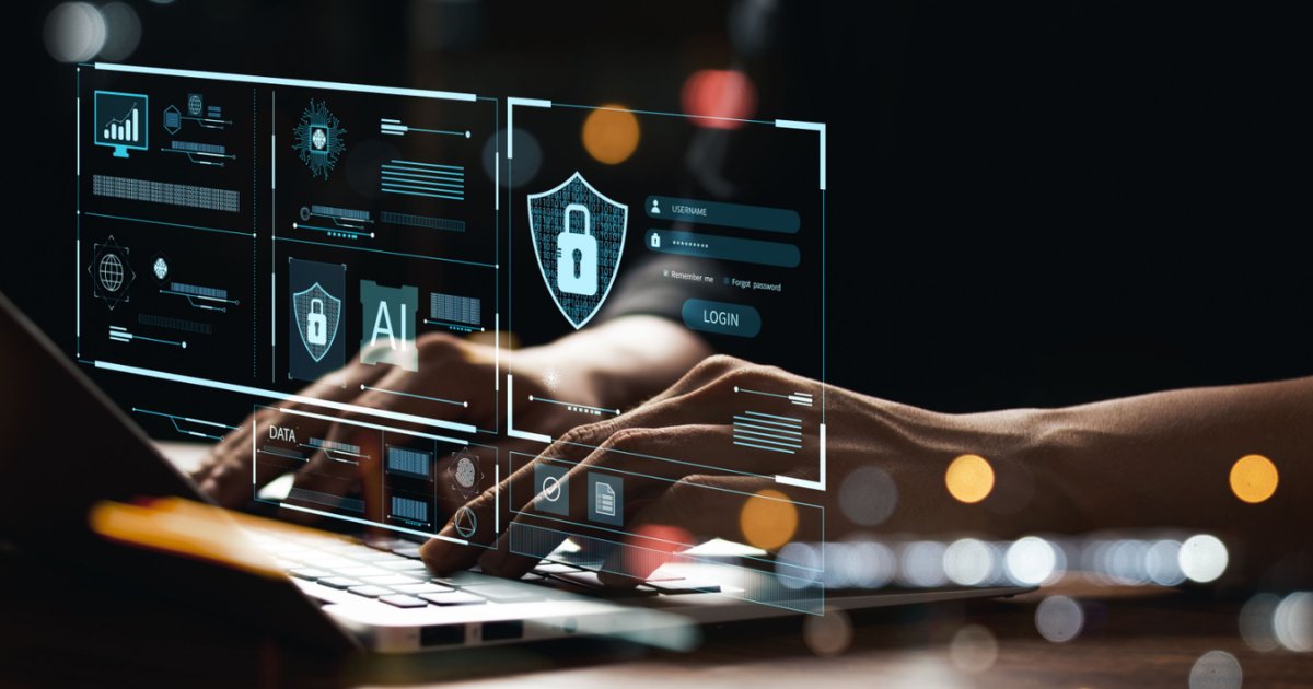 Imagem de um profissional digitando em um laptop, com elementos gráficos digitais sobrepostos, representando conceitos de cibersegurança, inteligência artificial (IA) e proteção de dados. Os gráficos incluem um escudo com um cadeado, campos de login e diversas interfaces digitais, simbolizando segurança da informação e autenticação online (Brasil, ciso, cso, segurança, cibersegurança, digital, phishing, funcionários, Parceria, banco)