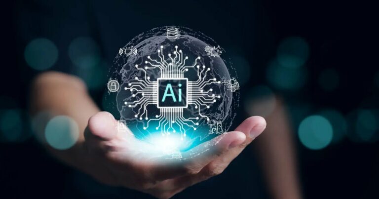 Imagem conceitual de uma mão segurando uma esfera digital que representa a inteligência artificial (IA). No centro da esfera, aparece o símbolo “AI” cercado por circuitos eletrônicos e ícones que representam tecnologias e elementos de segurança digital, simbolizando os diversos usos e a complexidade da IA. A imagem remete a temas como inteligência artificial responsável, transparência, ética e ESG (ambiental, social e governança) (IA, IA responsavel, IA transparente, ética, ESG, kpmg)