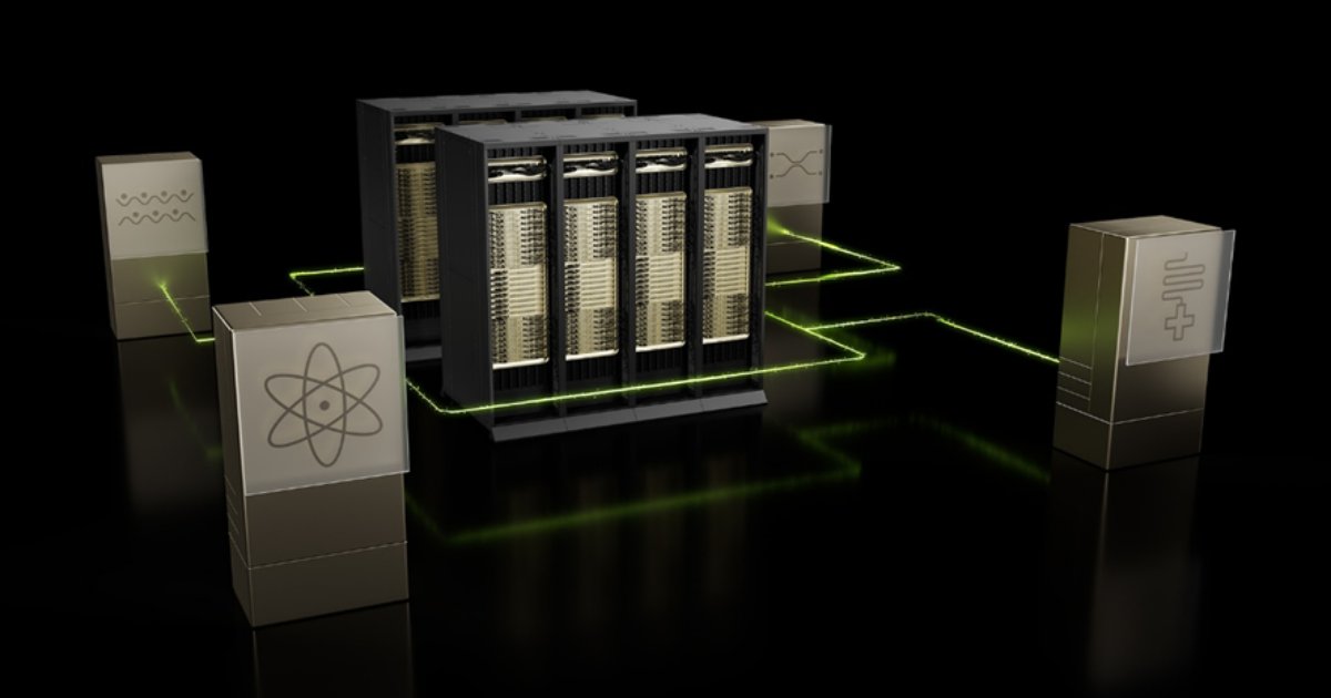 Ilustração conceitual de um sistema de computação quântica da NVIDIA. No centro, há um conjunto de servidores de alta performance conectados a quatro unidades externas por meio de linhas luminosas verdes, representando a interconexão de dados. Cada unidade possui um símbolo diferente, incluindo um átomo e sinais eletrônicos, sugerindo aplicações em ciência, tecnologia e pesquisa. (computacao quantica, nvidia, centro de pesquisa)