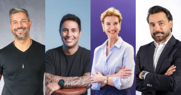 Foto com montagem de quatro executivos em diferentes fundos coloridos. Da esquerda para a direita: Nycholas Szucko, novo CXO da Advisor Netskope, vestindo camiseta preta e sorrindo; Vinicius Fontes, novo CEO da Stocci, também sorrindo, com camiseta preta e tatuagens visíveis no braço; Rafaela Costa, nova vice-presidente de redes e serviços gerenciados da Ericsson para o Cone Sul da América Latina, com camisa azul clara e fundo roxo; e Marlos Steffen, novo CRO da Approach, com terno escuro e camisa branca, posando com os braços cruzados.