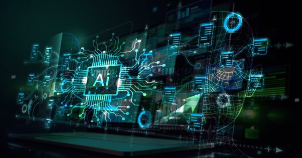 Ilustração conceitual de inteligência artificial (IA), com um chip central destacado com a sigla "AI" conectado a diversos circuitos e ícones digitais de documentos e dados. Ao fundo, o contorno de um rosto humano em estilo digital e elementos gráficos representando tecnologia, dados e conectividade. A imagem transmite a ideia de processamento de informações e automação através da inteligência artificial (dados, ia, inteligencia artificial, data, integração, integridade, empresas, data, produtividade, gartner, integra)