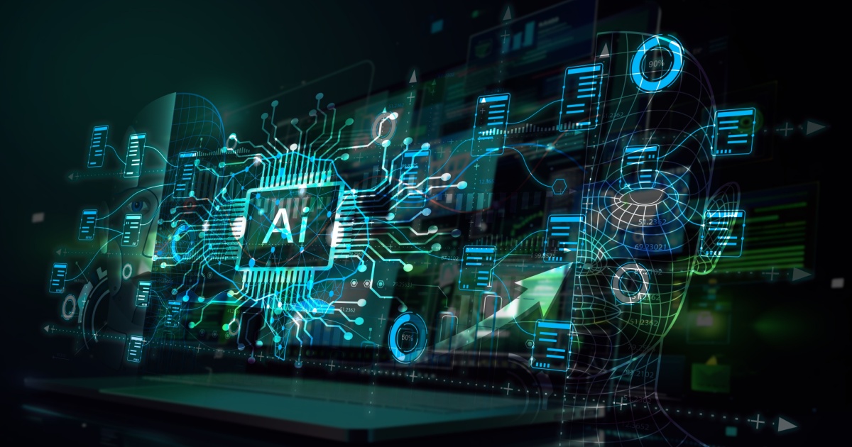 Ilustração conceitual de inteligência artificial (IA), com um chip central destacado com a sigla "AI" conectado a diversos circuitos e ícones digitais de documentos e dados. Ao fundo, o contorno de um rosto humano em estilo digital e elementos gráficos representando tecnologia, dados e conectividade. A imagem transmite a ideia de processamento de informações e automação através da inteligência artificial (dados, ia, inteligencia artificial, data, integração, integridade, empresas, data, produtividade, gartner, integra)