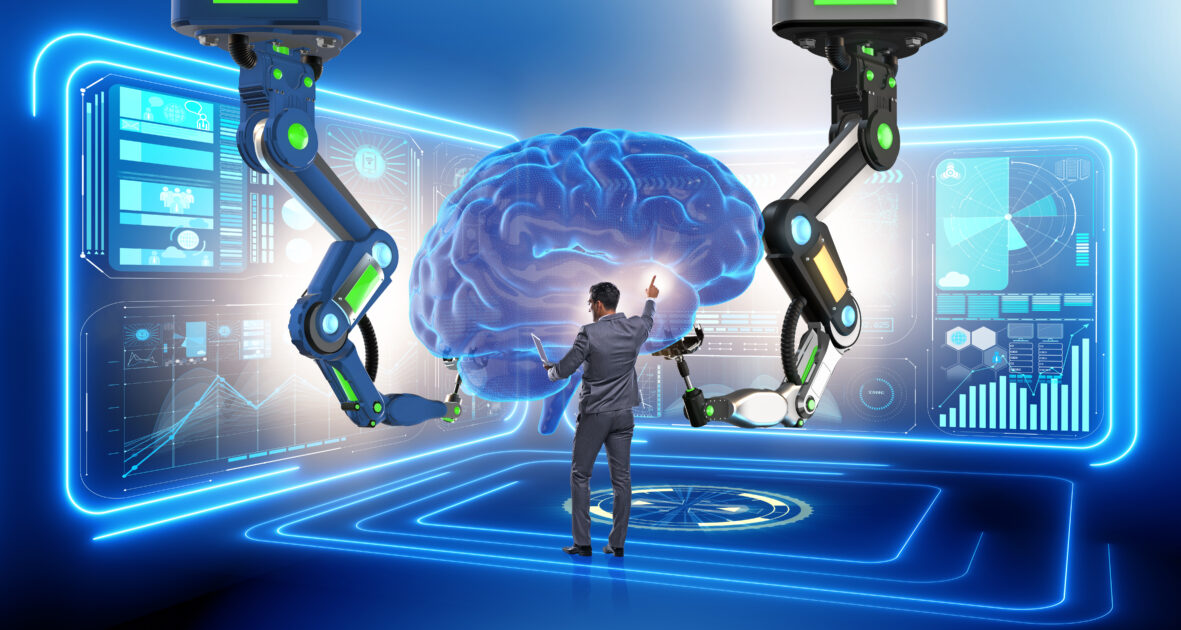 Imagem descrevendo um humano monitorando um robô por meio de um cérebro de IA