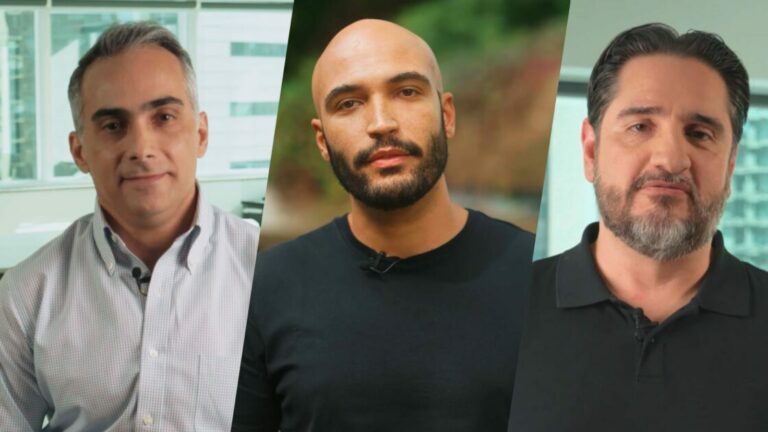 Rodrigo Frizzi, CEO da BRQ; Robson Martinho, Head Sênior de Produtos Digitais e GenAI do Santander Brasil; e Alexandre Paiva, Executivo de Vendas da AWS. Santander lança primeira ferramenta de assessoria baseada em GenAI no mercado brasileiro