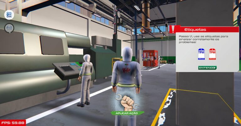 Imagem do ambiente virtual “Nesverso” da Nestlé, representando uma simulação de fábrica. Dois avatares com uniformes da marca KitKat (produto da Nestlé) estão diante de uma máquina industrial. Um painel no canto direito orienta o usuário a usar etiquetas TPM azuis (operação) e vermelhas (parada) para sinalizar problemas, como parte de um treinamento gamificado. No canto inferior esquerdo, é exibida a taxa de quadros por segundo (FPS: 59.88).