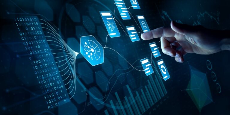 Imagem futurista de tecnologia digital com uma mão interagindo com um painel holográfico de interfaces de dados e gráficos
