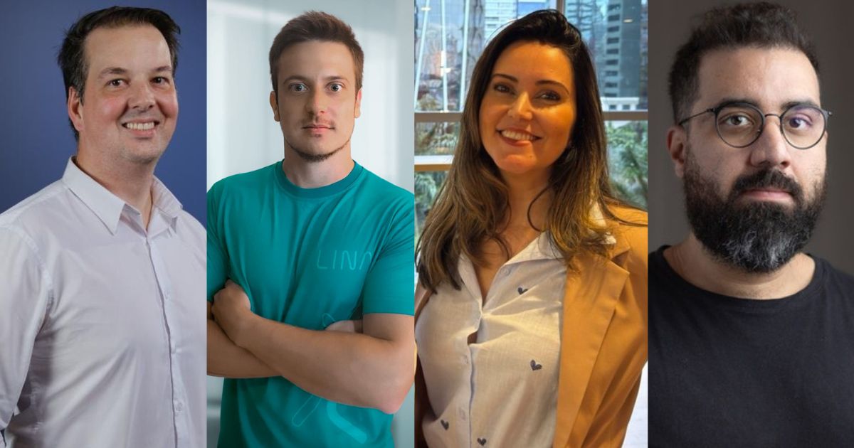 Montagem com quatro retratos individuais de pessoas, alinhados lado a lado. Da esquerda para a direita: Homem de pele clara, cabelo escuro curto penteado para o lado, usando camisa social branca, sorrindo, com fundo azul. Homem de pele clara, cabelo castanho curto, usando camiseta verde água com a palavra "LINX" discretamente estampada, braços cruzados, expressão séria, com fundo claro. Mulher de pele clara, cabelos castanho-escuros longos, usando camisa clara com pequenos desenhos de corações azuis e blazer bege, sorrindo, com janela ao fundo mostrando prédios e vegetação. Homem de pele clara, cabelo e barba escuros e volumosos, usando óculos redondos e camiseta preta, com fundo neutro escuro. (fintechs)