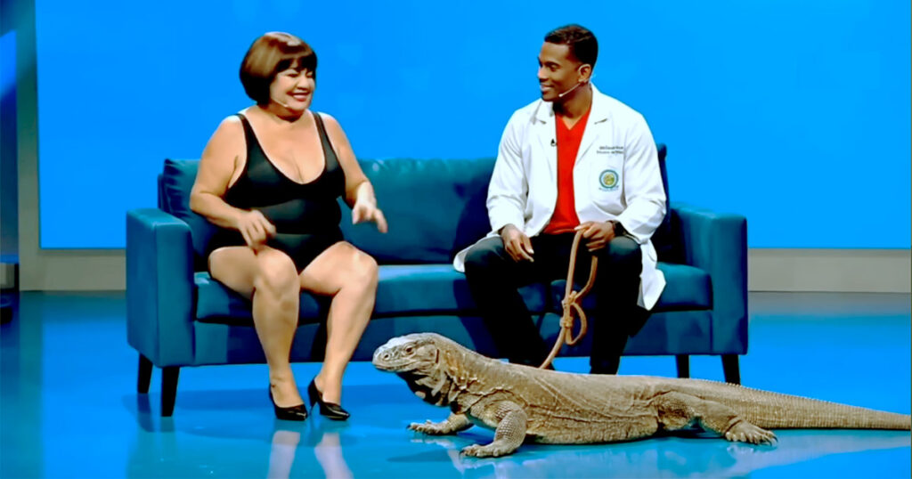 A personagem Marisa Maiô, criada por inteligência artificial, satiriza os programas de auditório (Imagem: Reprodução)