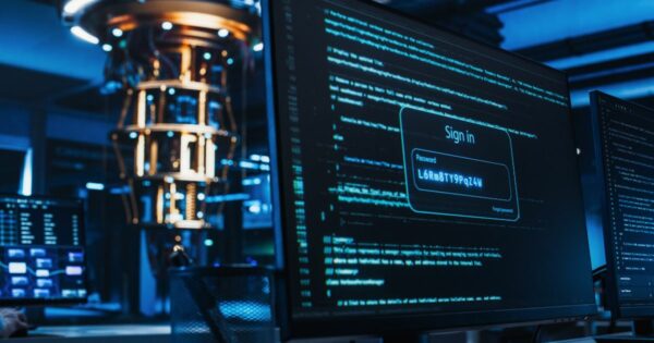 A imagem mostra um ambiente tecnológico avançado, provavelmente um laboratório ou centro de pesquisa em computação. Em primeiro plano, há um monitor exibindo uma tela de login com a palavra “Sign in” e um campo de senha preenchido com caracteres complexos, sugerindo um contexto de segurança digital ou criptografia. Ao fundo, é visível um equipamento sofisticado com estrutura cilíndrica e cabos, que se assemelha a um computador quântico ou dispositivo de alta tecnologia. A cena é iluminada por luzes frias, predominando tons de azul, reforçando a atmosfera futurista e de alta precisão. Há também outros monitores e elementos de hardware ao redor, indicando um espaço dedicado à pesquisa ou desenvolvimento tecnológico.