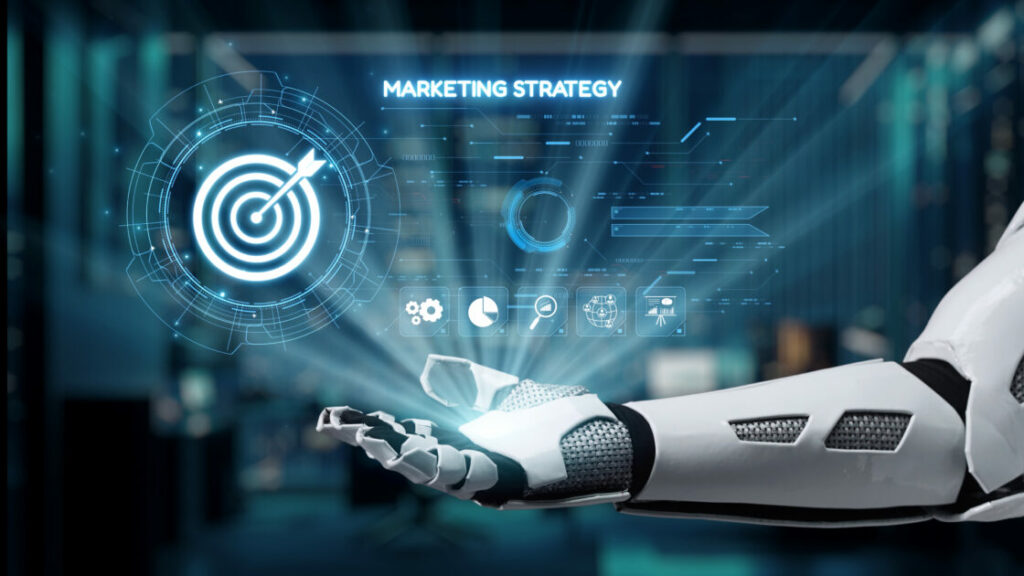A futuristic robot hand holds the glowing elements of a marketing strategy, emphasizing the synergy between technology and business in a contemporary workspace. Auvana. Foto: Getty Images