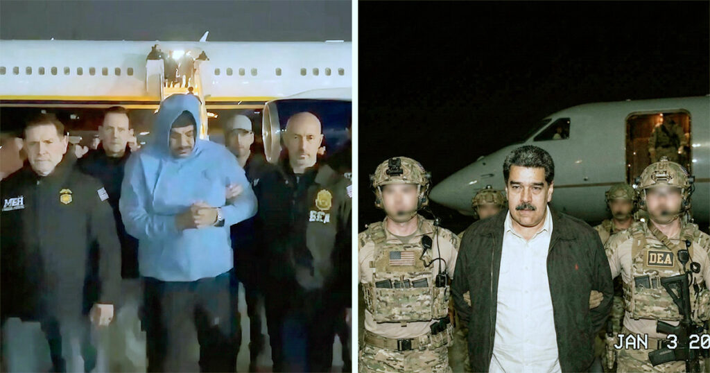 Imagens reais (à esquerda) e gerada por IA (à direita) do ditador Nicolás Maduro chegando preso a Nova York – Fotos: reprodução