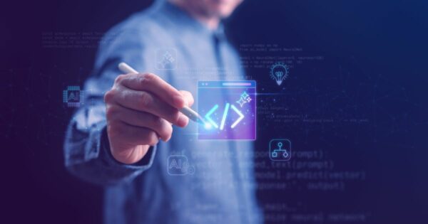 A imagem mostra uma pessoa segurando uma caneta digital ou stylus, apontando para um ícone luminoso que representa código de programação (com símbolos de abertura e fechamento de tags “< >”) em uma interface virtual. Ao redor, há elementos gráficos relacionados à tecnologia, como ícones de inteligência artificial (AI), cadeado indicando segurança, e uma lâmpada simbolizando ideias ou inovação. O fundo é composto por códigos e diagramas em tons de azul e roxo, criando um ambiente futurista e tecnológico. A cena transmite conceitos de programação, desenvolvimento de software e soluções digitais avançadas. (vibe coding)