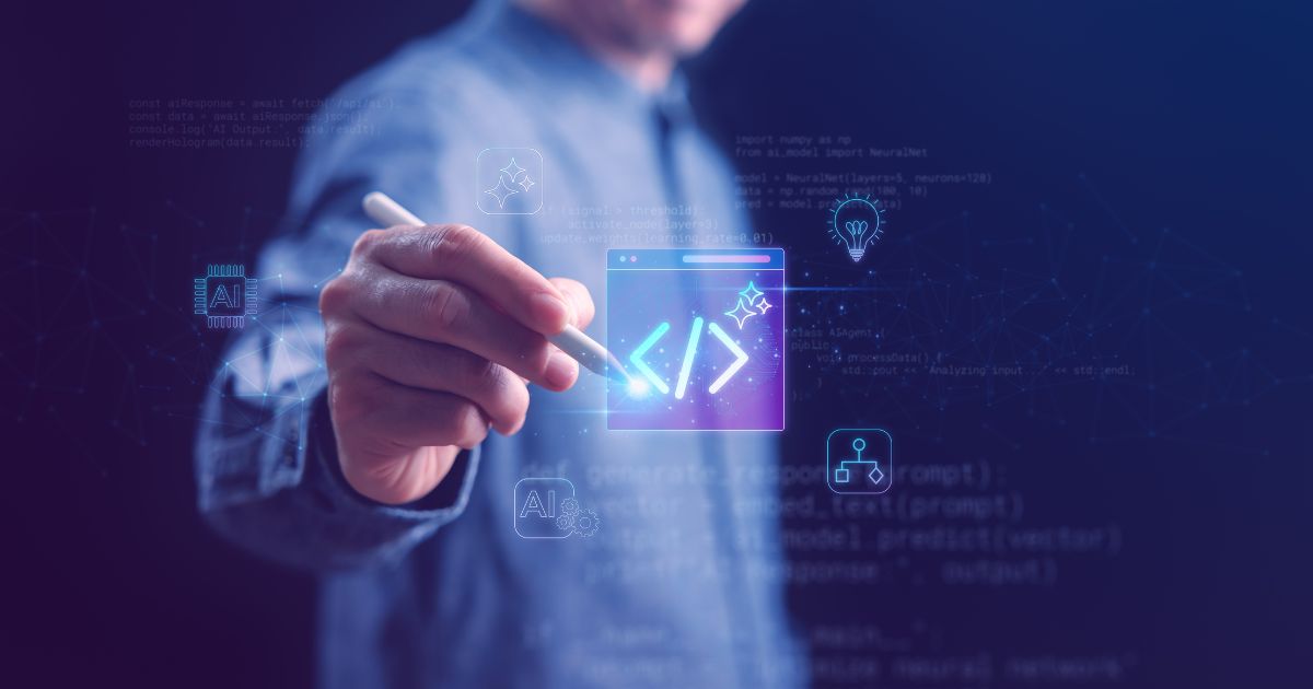A imagem mostra uma pessoa segurando uma caneta digital ou stylus, apontando para um ícone luminoso que representa código de programação (com símbolos de abertura e fechamento de tags “< >”) em uma interface virtual. Ao redor, há elementos gráficos relacionados à tecnologia, como ícones de inteligência artificial (AI), cadeado indicando segurança, e uma lâmpada simbolizando ideias ou inovação. O fundo é composto por códigos e diagramas em tons de azul e roxo, criando um ambiente futurista e tecnológico. A cena transmite conceitos de programação, desenvolvimento de software e soluções digitais avançadas. (vibe coding)