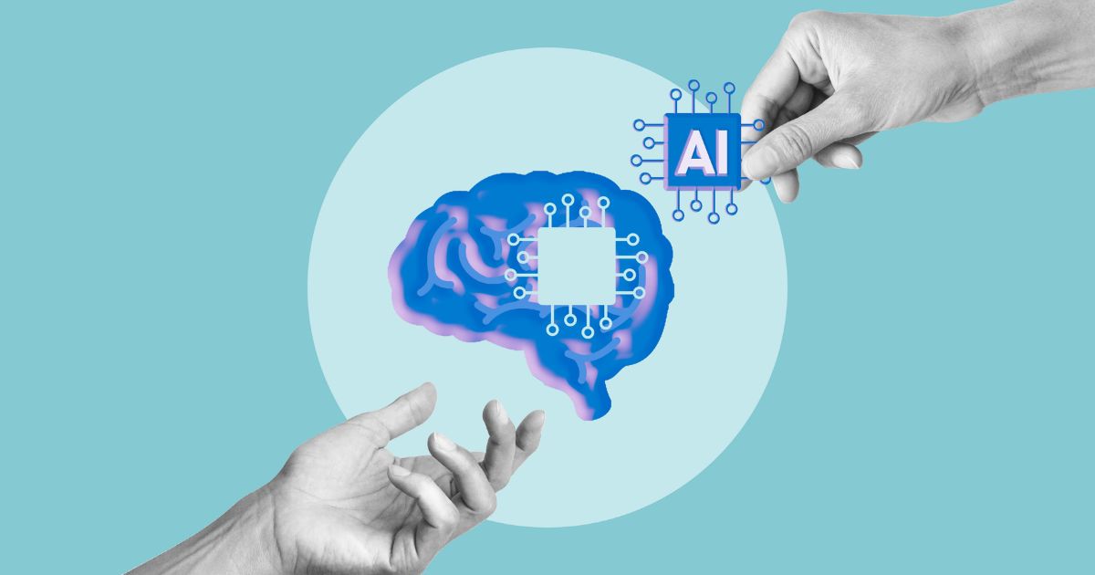 A imagem mostra duas mãos interagindo com uma ilustração conceitual sobre inteligência artificial. No centro, há um desenho de um cérebro em tons de azul e rosa com um quadrado branco no meio, sugerindo processamento digital. Uma das mãos segura um ícone azul com a sigla ‘AI’ cercado por pequenos circuitos, enquanto a outra mão aparece abaixo em um gesto de apoio. O fundo é azul‑claro com um grande círculo branco ao centro, reforçando o tema tecnológico e abstrato. (cognitiva)